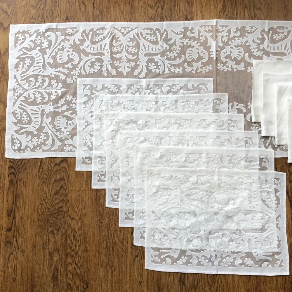 Antique Hungarian Buzsak Stag in the Woods Applique Lace Linen‎ Runner + Set